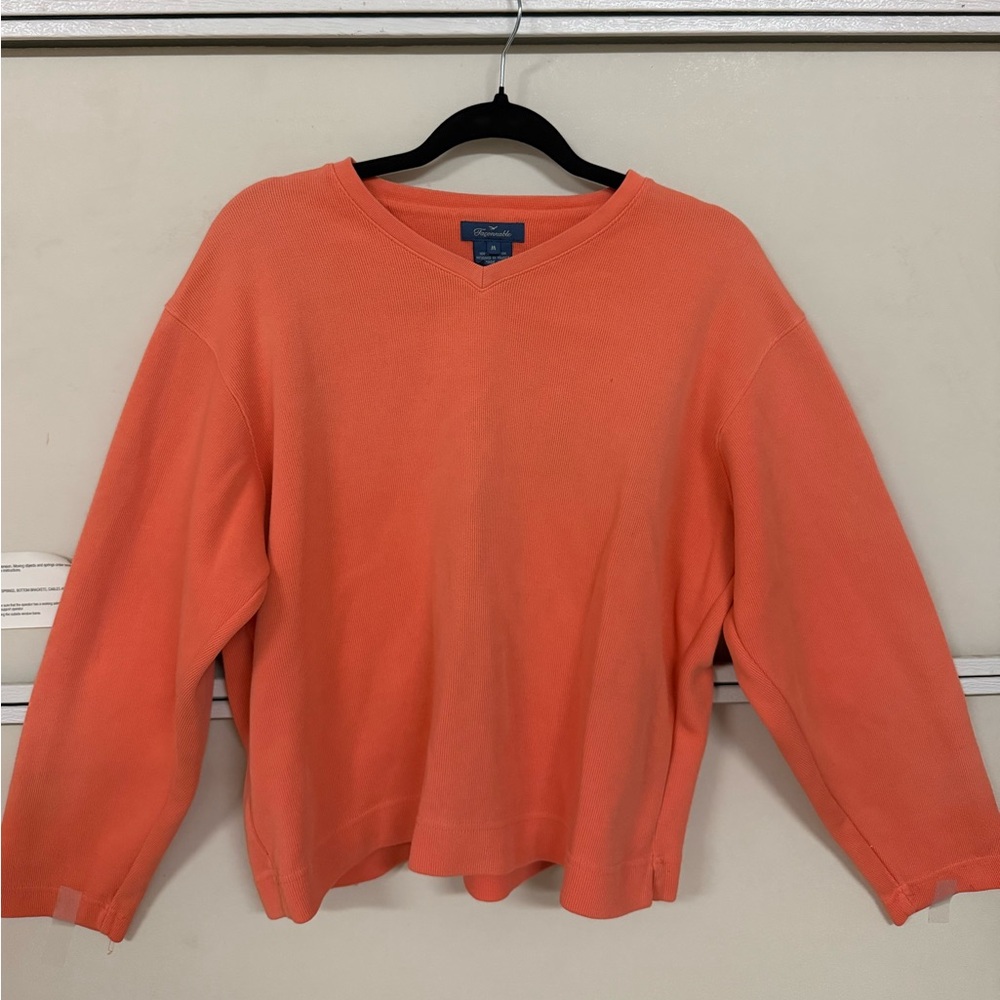 Vtg Faconnable Coral V-Notch Knit Pullover Sz M 100% Cotton Thick Sweater